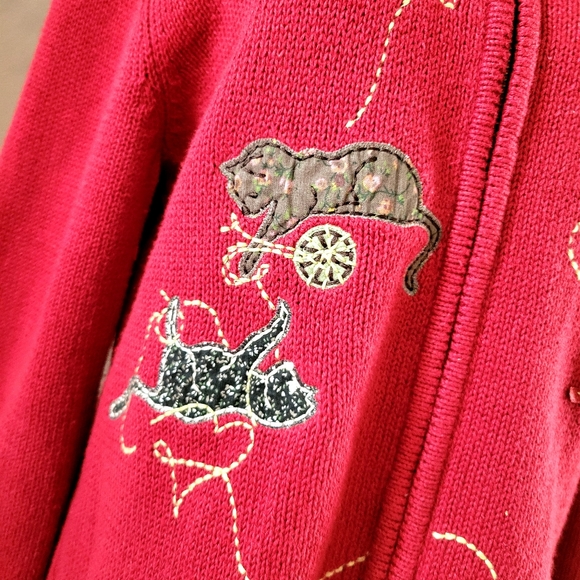 VINTAGE 80's CAT LOVERS COTTON CARDIGAN RED - Picture 4 of 8